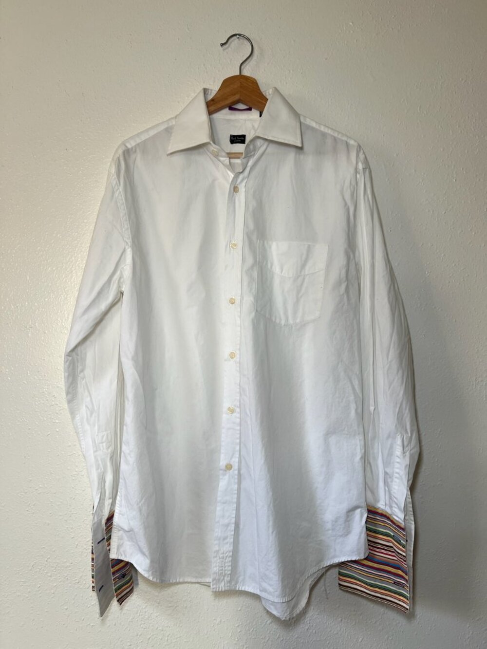 White Paul Smith button-down longsleeve with multicolor striped cuffs